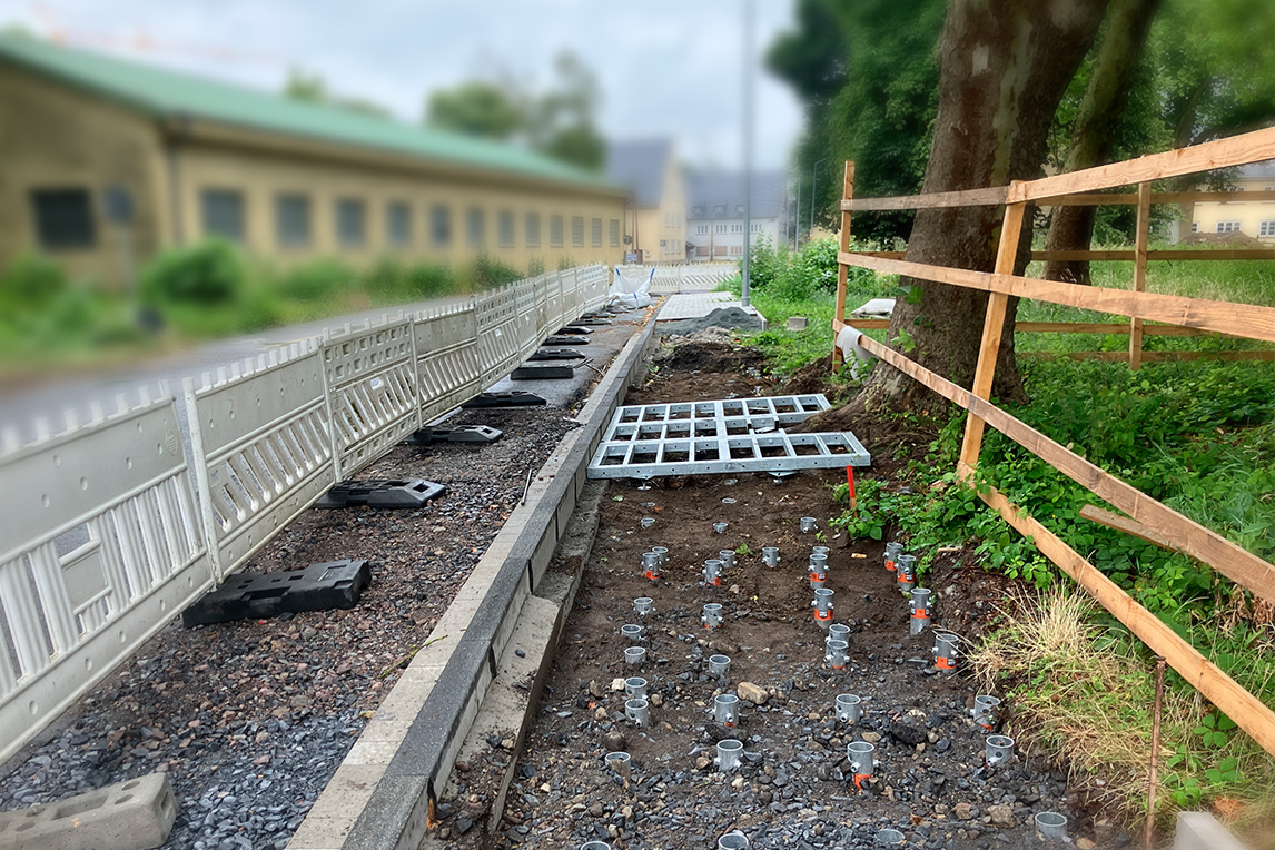 Eine Baustelle an einem Fußgängerweg. Freigelegte Wurzeln eines Baumes, an dem eine Wurzelbrücke installiert wird.