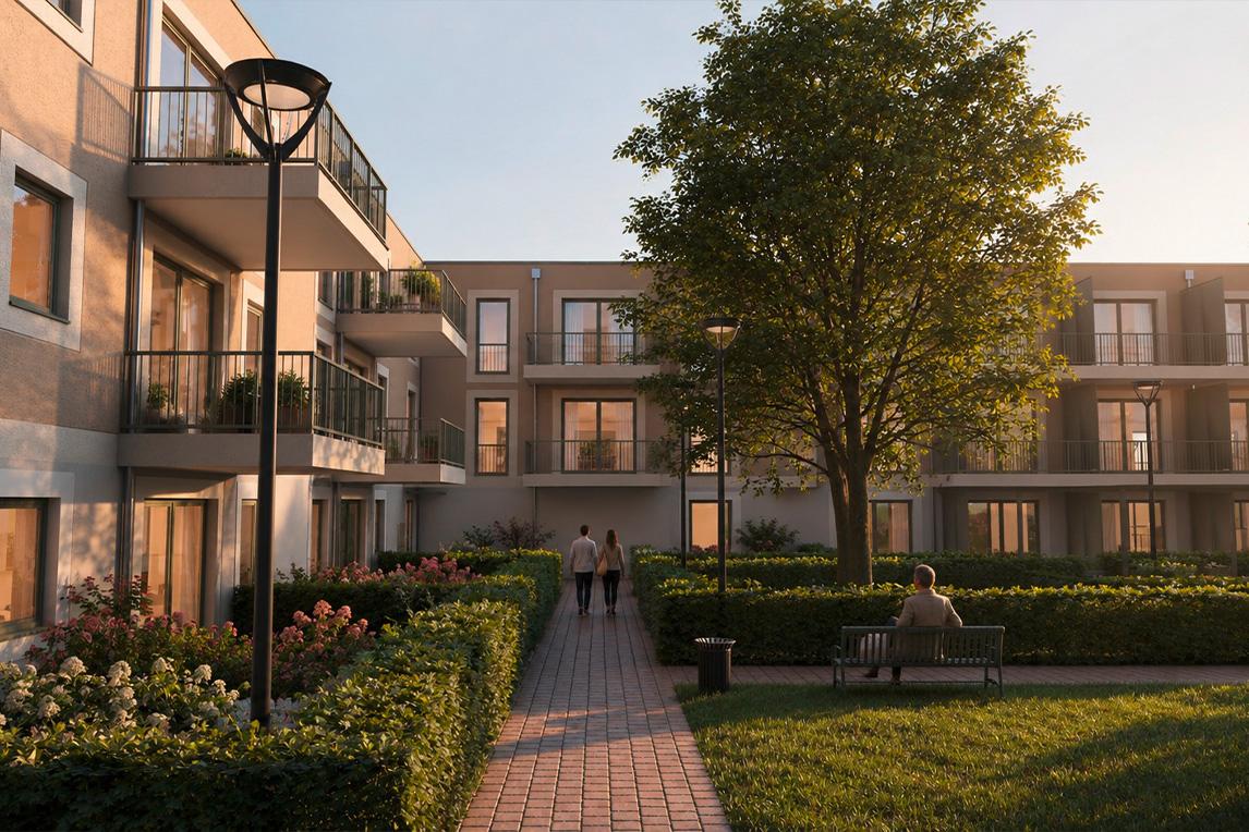 Neubau mit Innenhof und grünen Flächen 