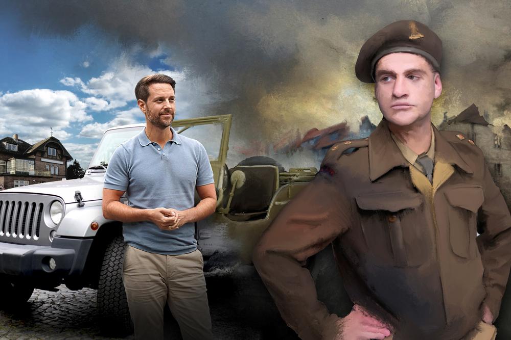 Rendering von zwei Männern, links in zivil, rechts in Uniform der 40er-Jahre