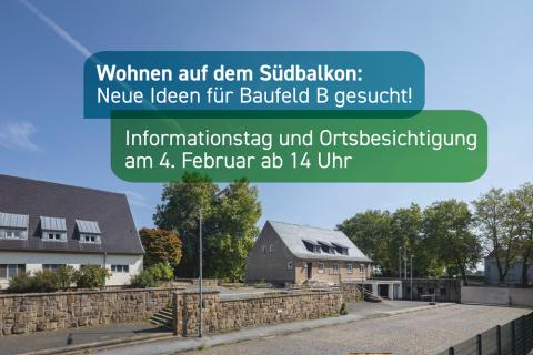 Ein Foto von einem Gebäude, darüber ein Schriftzug mit der Info: Informationstag und Ortsbesichtigung  am 4. Februar ab 14 Uhr 