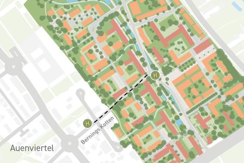  Eine Karte vom Oxford-Quartier, die den Fußweg über die Bernings Kotten Straße bis zur Bushaltestelle Gartenbreie zeigt.